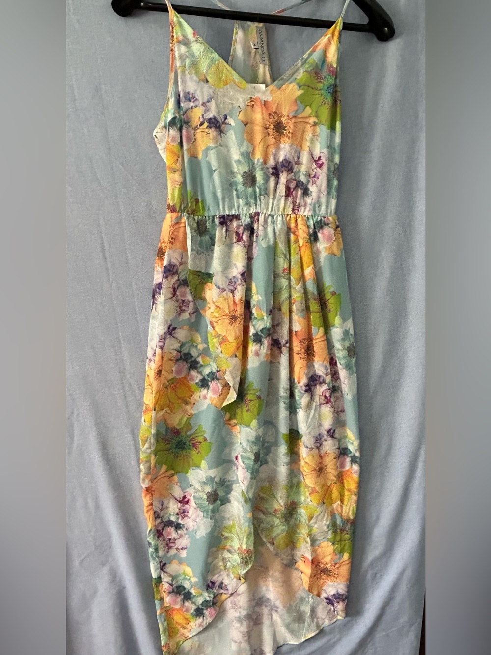Floral Spaghetti-Strap Girls Dress in Light Blue and Orange SZ M